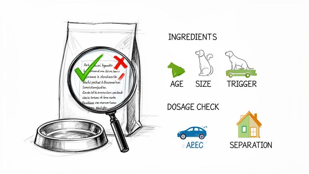 Illustration of dog food bag, bowl, magnifying glass, and icons for pet food ingredients and dosage checks.