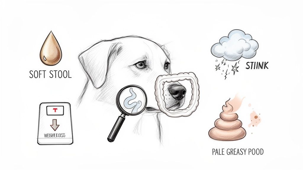 Illustration of dog digestive problems: soft stool, weight loss, foul smell, pale greasy stool, and parasites.