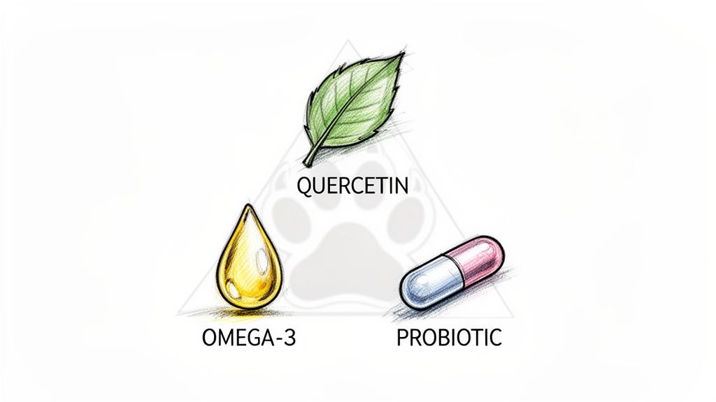 Illustration showing Quercetin (leaf), Omega-3 (drop), and Probiotic (capsule) in a triangle for pet health.