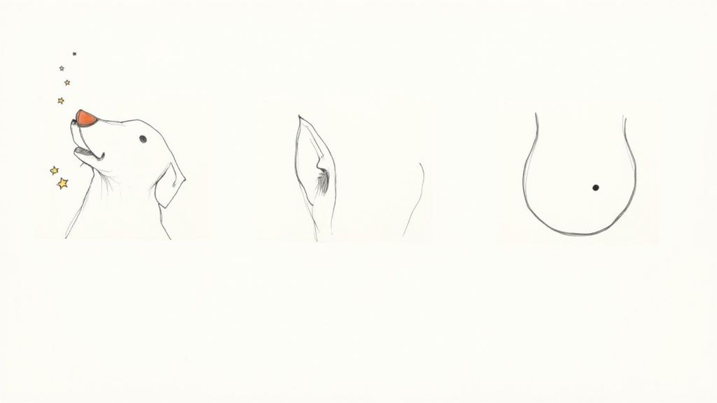 Minimalist line drawing showing mouse looking at stars and abstract body shape illustrations