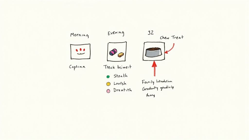 Diagram showing gradual dog food introduction schedule with morning medication, evening treats, and chew treats