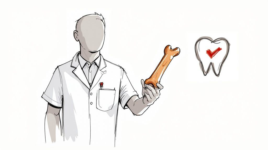 A veterinarian checking a happy dog's teeth with a dental tool