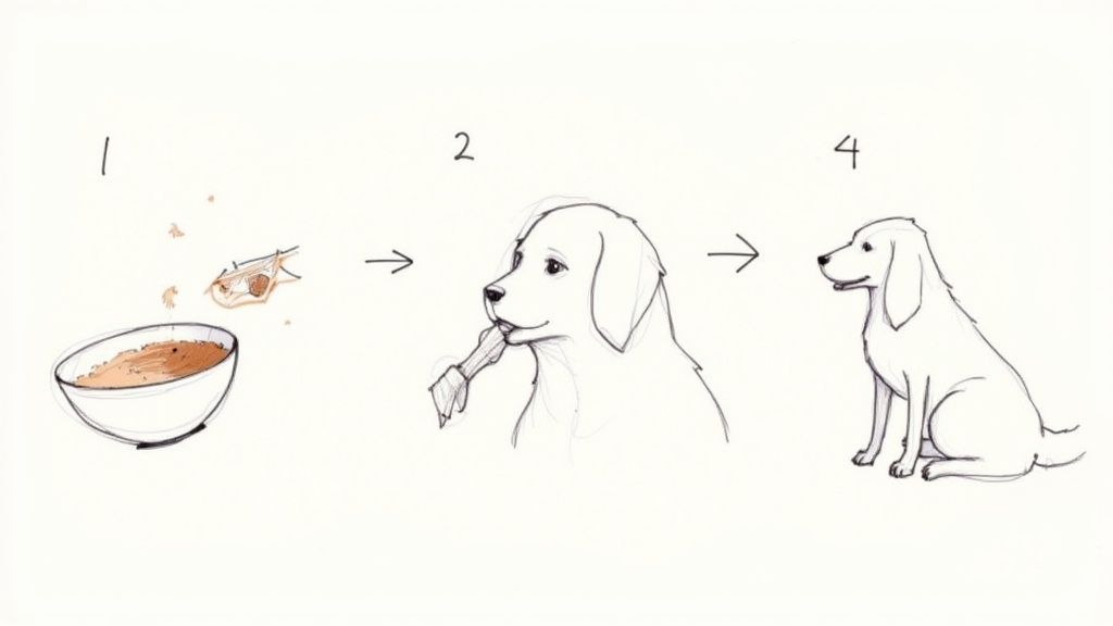 A person's hand holding a probiotic chew, offering it to a small, fluffy dog.