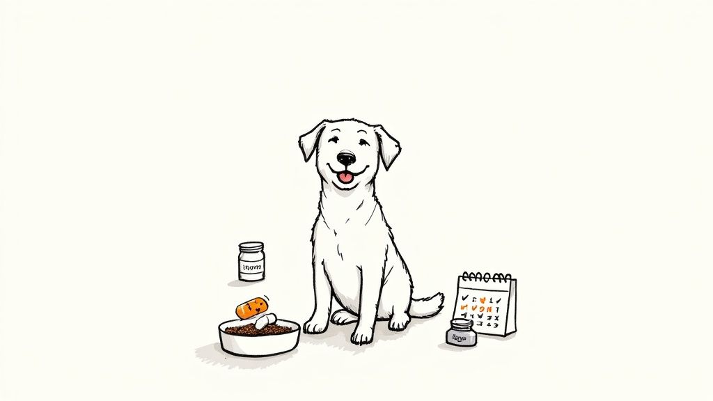 Happy dog sitting next to food bowl with medication bottle and calendar showing daily feeding schedule