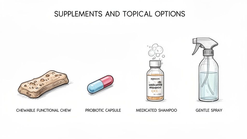 Illustration showing pet supplements and topical treatments like chews, capsules, medicated shampoo, and gentle spray.
