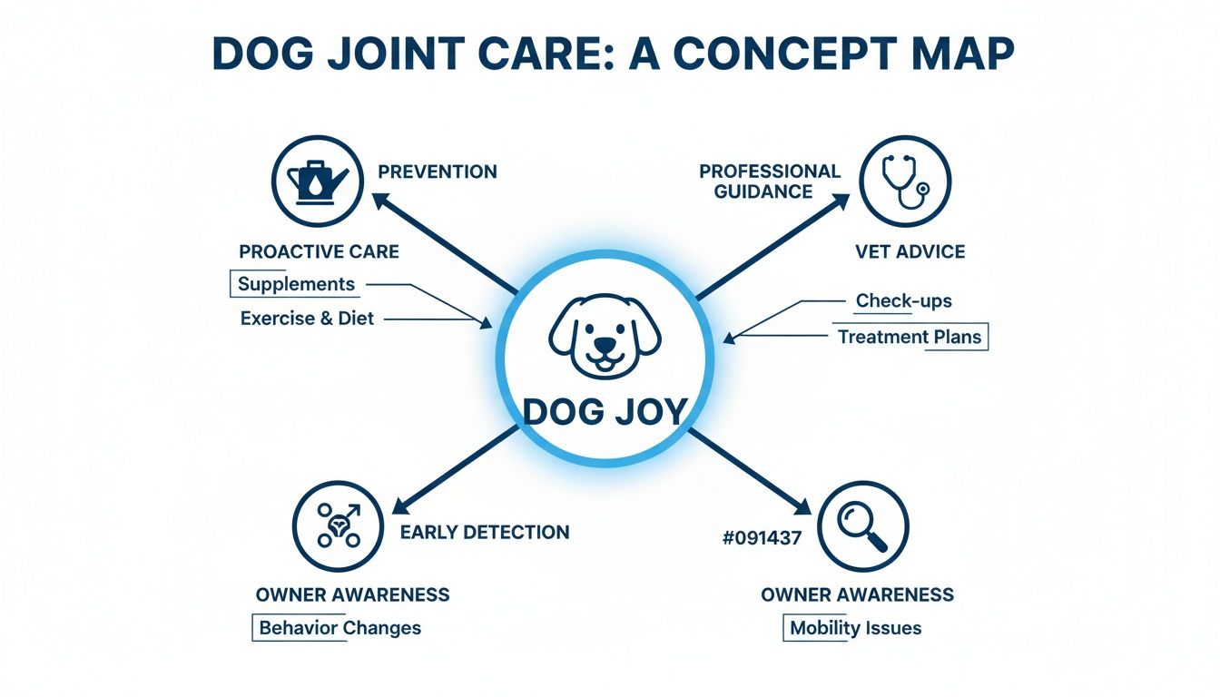 A concept map illustrating dog joint care strategies for dog joy, including prevention, vet advice, and owner awareness for early detection.
