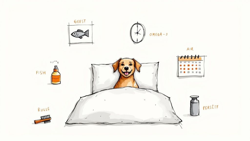 A happy golden retriever dog in bed, surrounded by various health and wellness symbols.