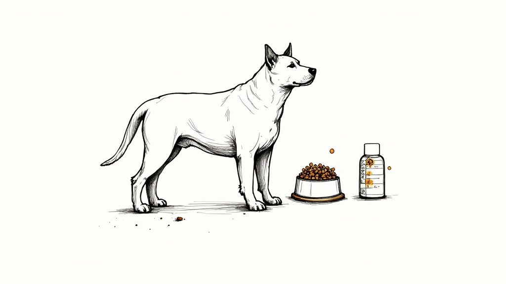 A golden retriever dog eating from a bowl