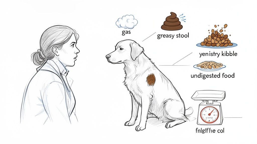 Illustration of a person observing a dog with symbols indicating digestive problems like gas, greasy stool, and undigested food.
