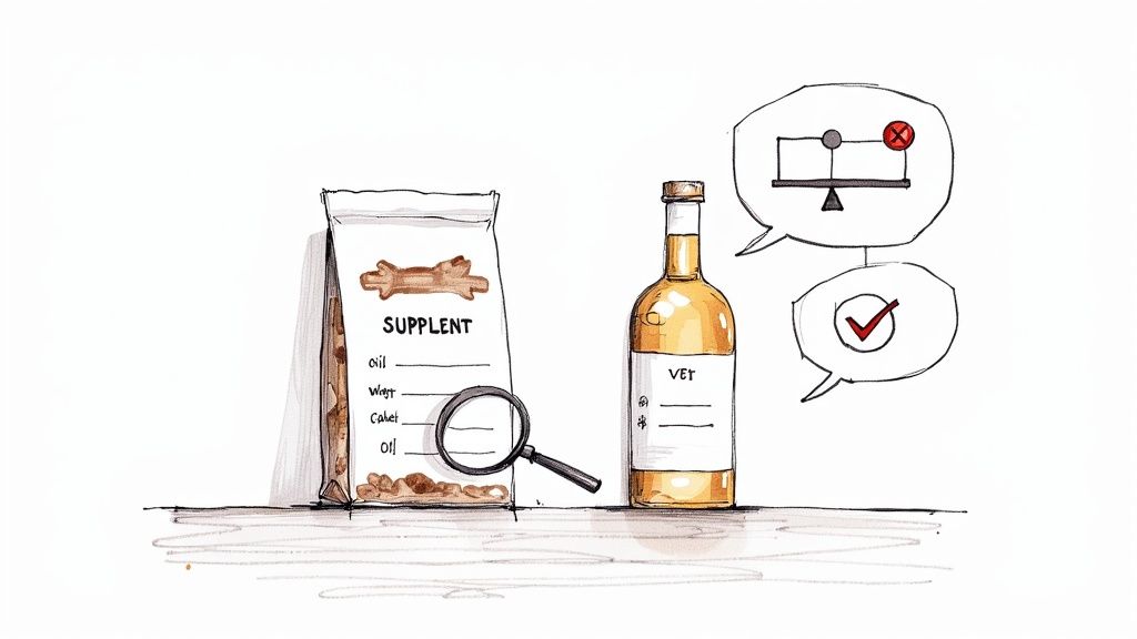 A dog owner carefully gives a supplement chew to their golden retriever.