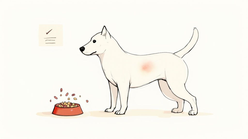 A white dog with a red patch on its side next to a food bowl, suggesting a food allergy.