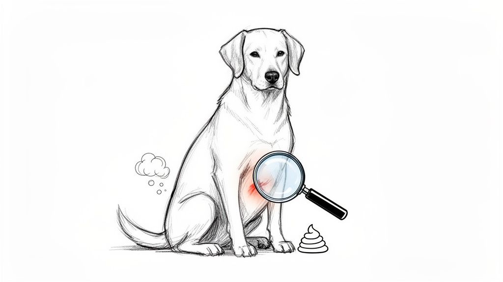Sketch of a dog with a magnifying glass on its irritated belly, next to dog poop, representing gut health issues.