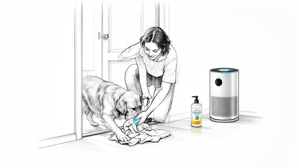 A woman kneels to gently clean a golden retriever's paw with a cloth near an air purifier.