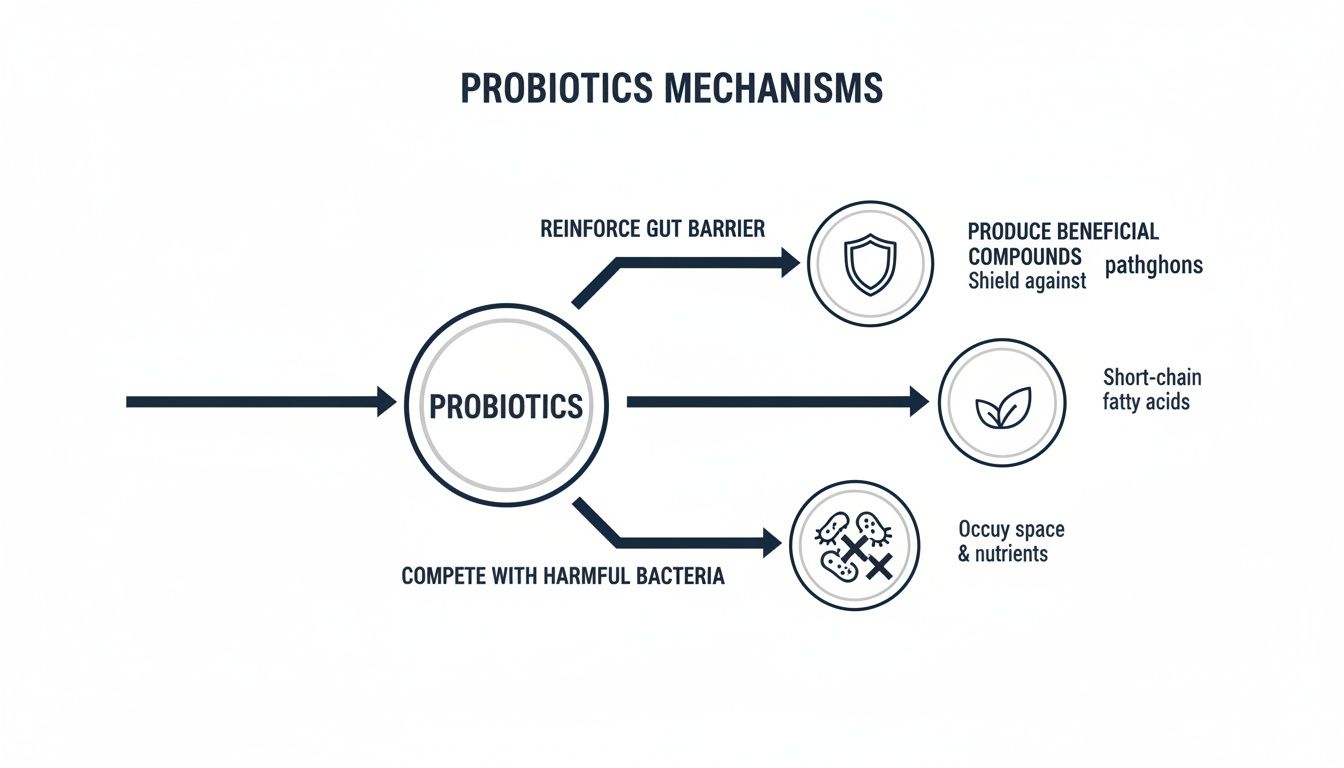 Diagram illustrating the mechanisms of probiotics, showing how they reinforce the gut barrier, produce beneficial compounds, and compete with harmful bacteria.