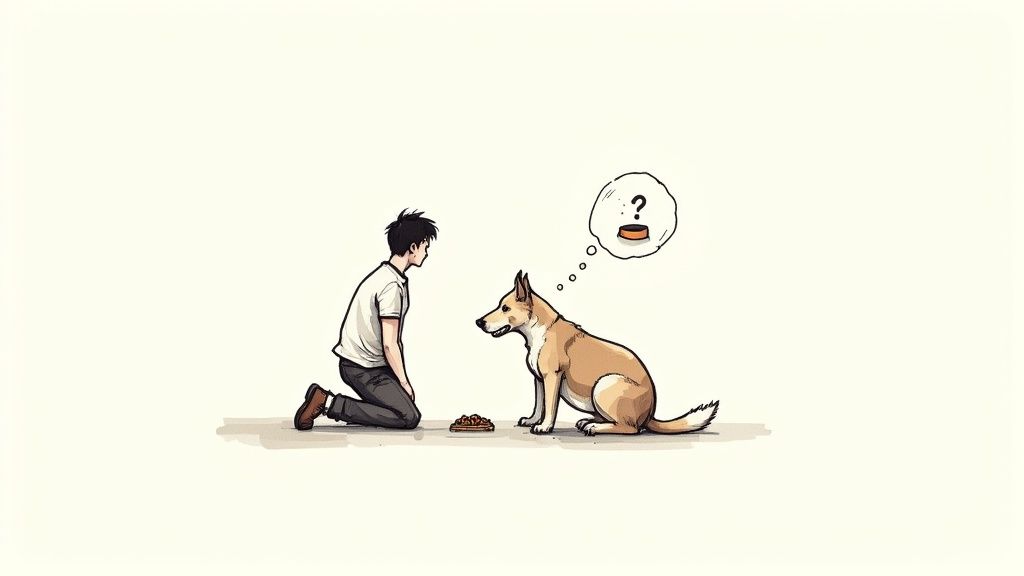 A close-up of a concerned-looking dog lying on a wooden floor.