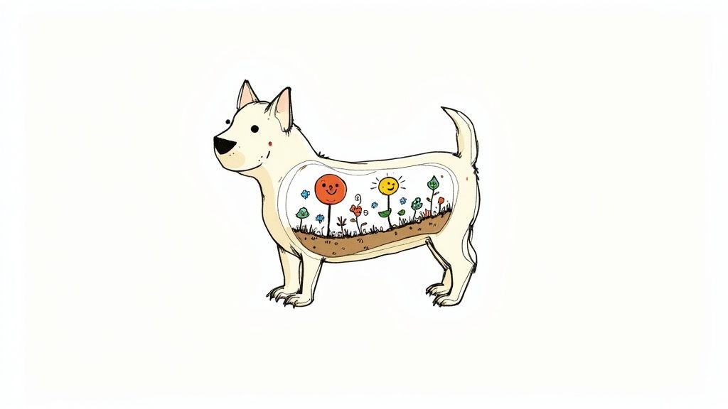 Cartoon dog with a happy garden of smiling flowers and a sun inside its body, symbolizing gut health.