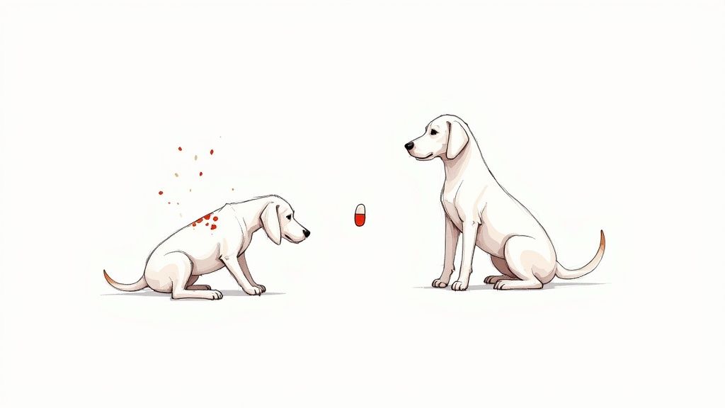 A golden retriever looking up, with a shiny and healthy coat.