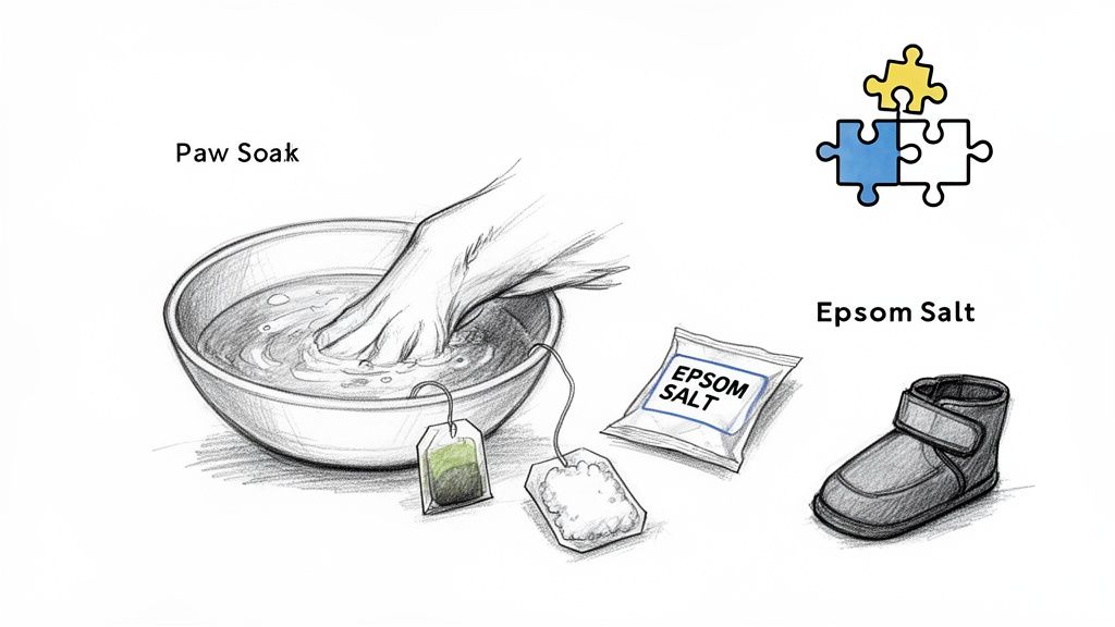 Illustration of a hand soaking in a bowl with tea bags, Epsom salt, and a protective boot for paw care.