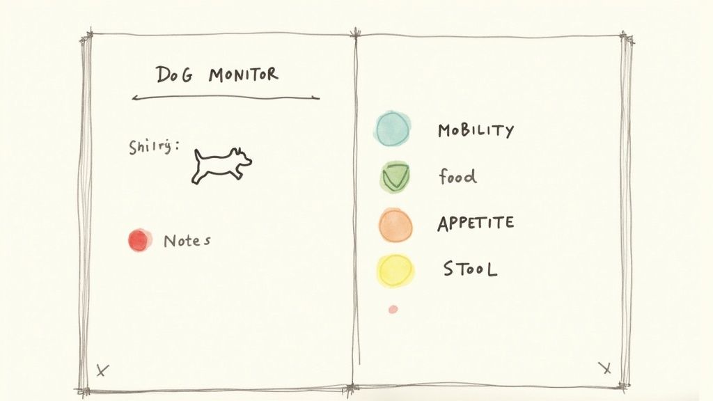 A handwritten 'DOG MONITOR' chart tracking pet health metrics like mobility, food, appetite, and stool.