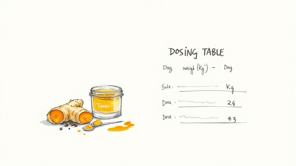 An illustration of turmeric roots, a jar of turmeric paste, and a handwritten dosing table for dogs by weight.