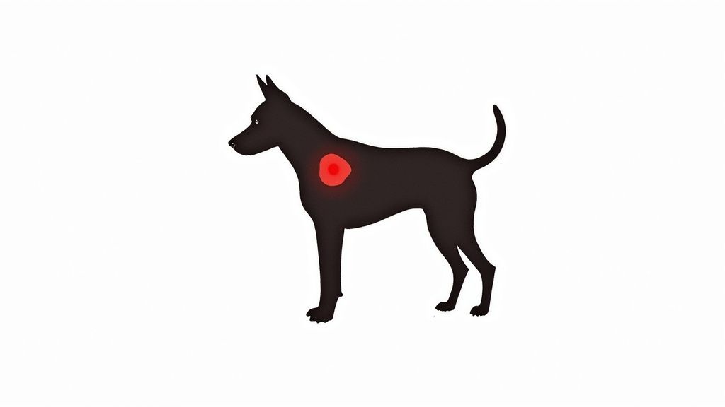 A close-up of a hot spot on a golden retriever's skin, showing redness and irritation