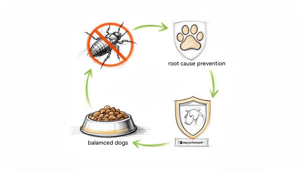 Diagram showing dog health cycle: pest prevention, root cause prevention, supplements, leading to balanced dogs.