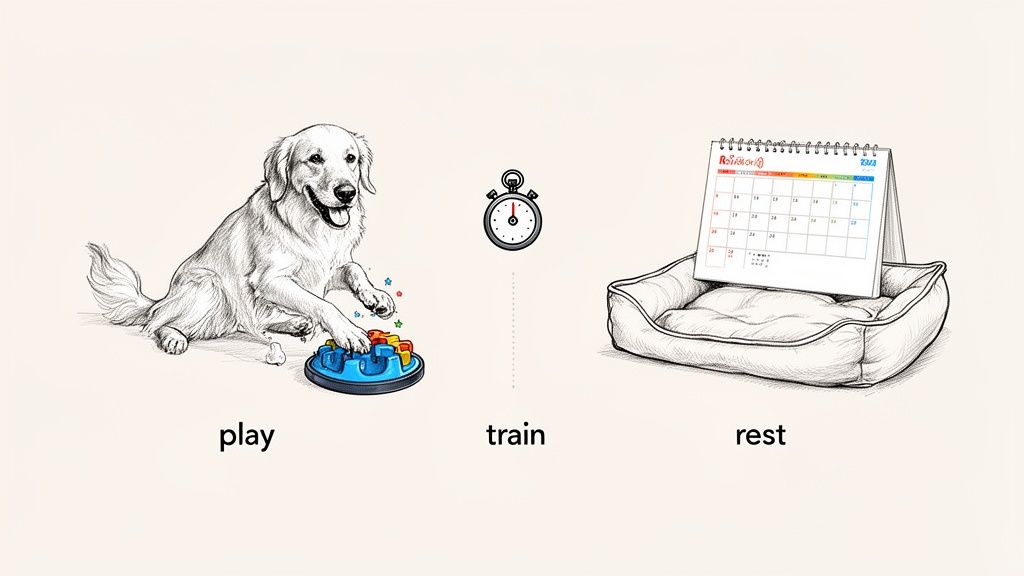 Sketch of a happy dog playing with a puzzle, a timer for training, and a bed with a calendar for rest.