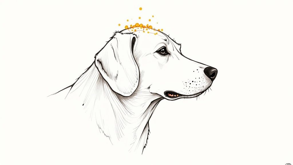 Minimalist line drawing of a white dog's head in profile with golden circles above it.