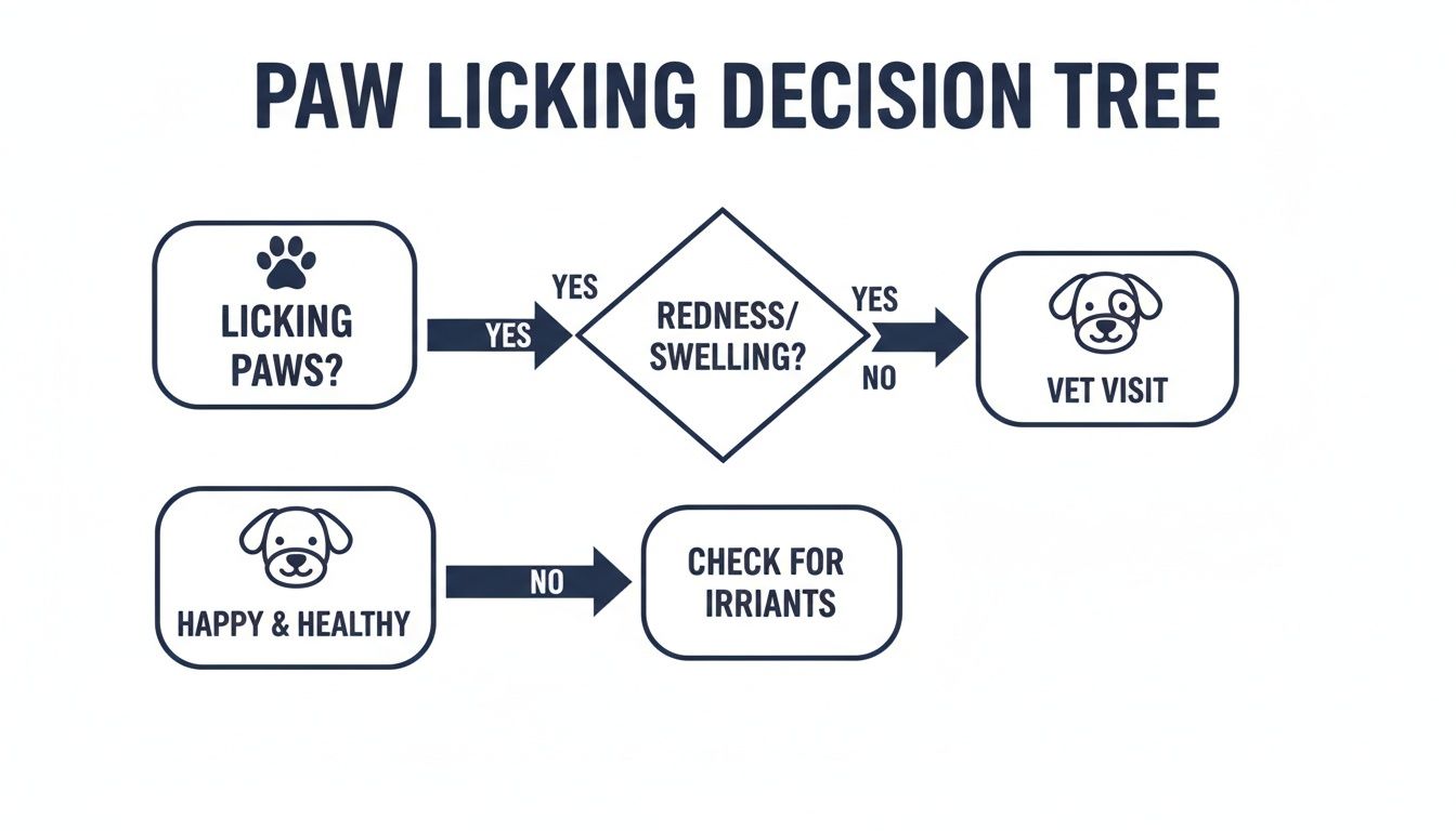 Flowchart illustrating a decision tree for dog paw licking, guiding owners through symptoms and actions.