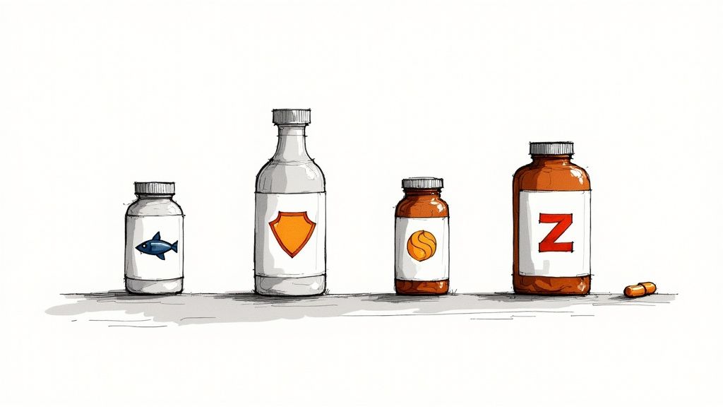 A close-up shot of various dog supplement ingredients like fish oil capsules and seeds.