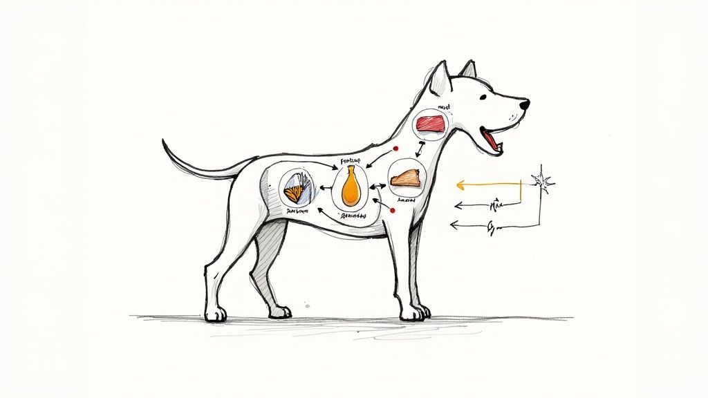 A dog licking its lips while looking at a food bowl, suggesting hunger or digestive processes.