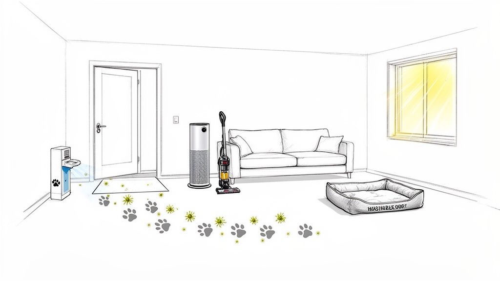 An illustration of a pet-friendly home with a dog bed, cleaning supplies, and air purifier to manage allergies.