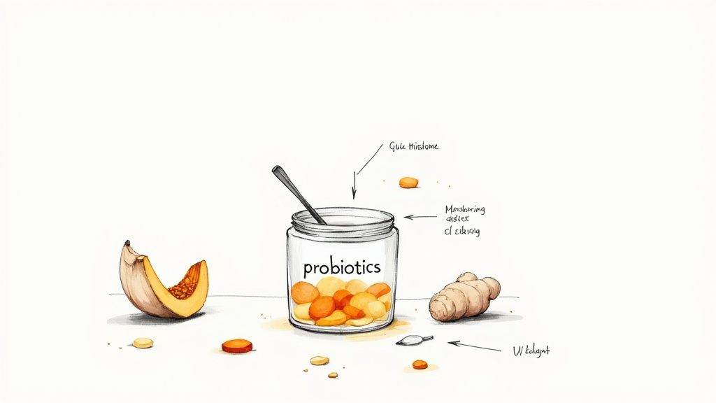 A dog happily taking a supplement chew from its owner's hand.