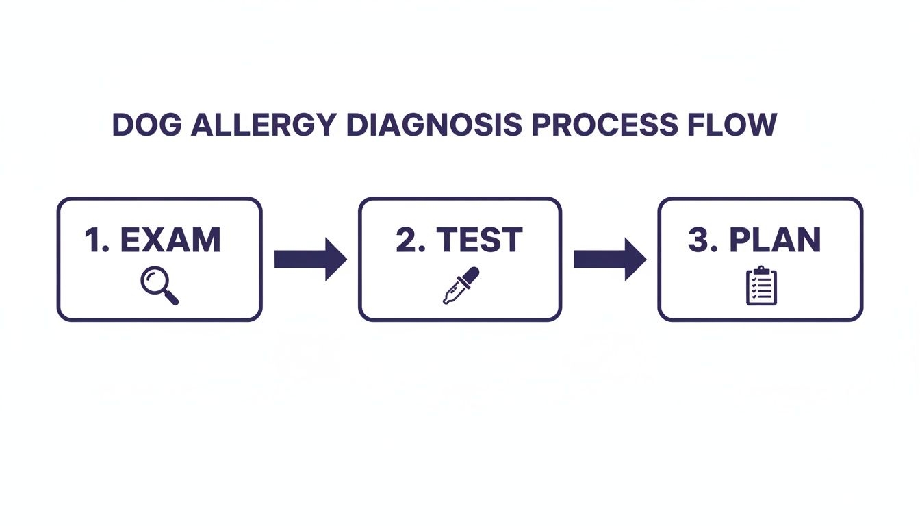 A three-step process flow diagram illustrating dog allergy diagnosis: Exam, Test, and Plan, with icons.