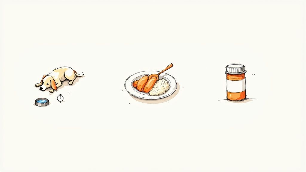 A dog owner offering a bowl of water to their dog, who is resting comfortably.