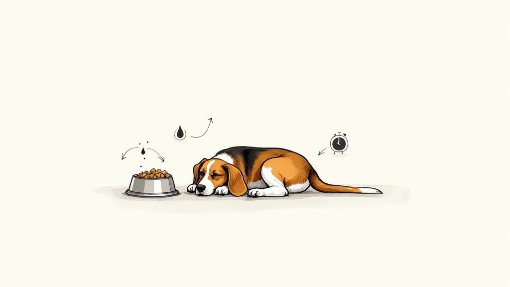 A beagle dog looking unwell, lying next to its food bowl with feeding and alarm clock symbols.