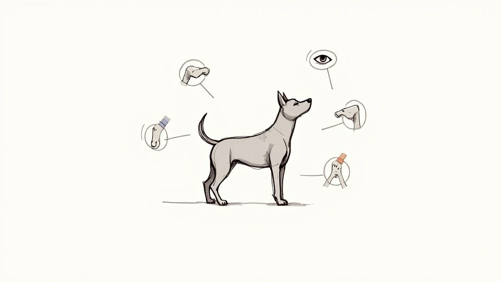 A dog showing subtle signs of anxierty like wide eyes and a tense posture.