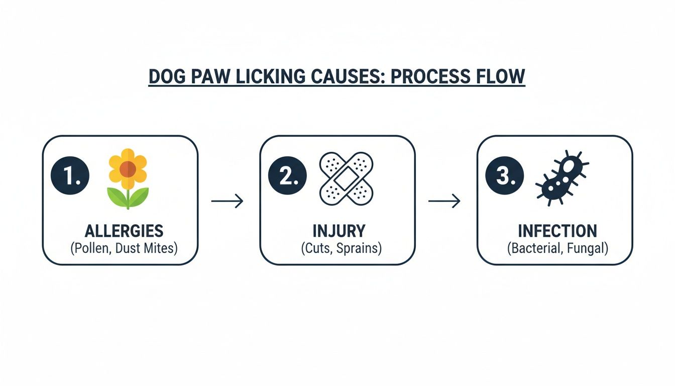 Process flow illustrating common dog paw licking causes: allergies, injury, and subsequent infection development.