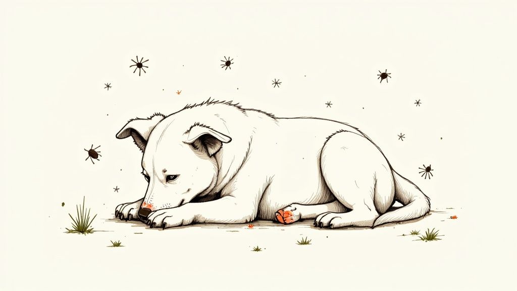 Dog bowl filled with kibble next to a dog's paws