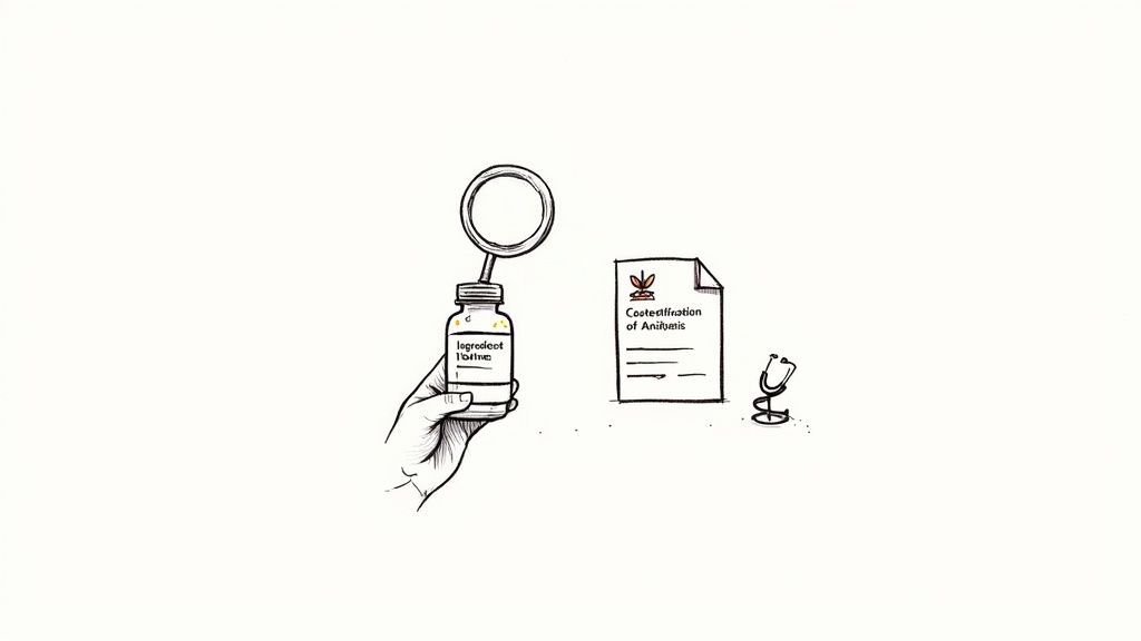 A hand holds a bottle of ingredient iodine under a magnifying glass, next to a document and stethoscope.