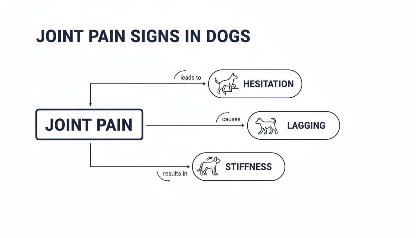 Flowchart illustrating common joint pain signs in dogs, including hesitation, lagging, and stiffness.