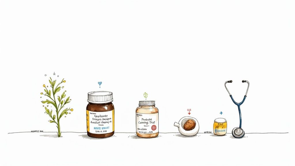 Various items for natural anxiety relief, including a plant, labeled bottles of treats, and a stethoscope.