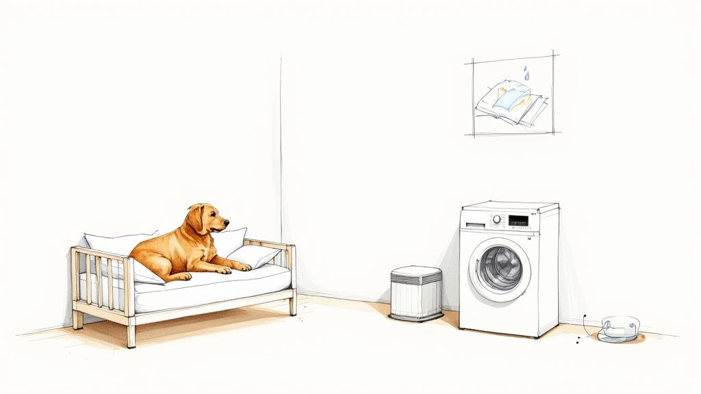 A clean and tidy living room with a dog resting on a rug, symbolising an allergy-safe home.