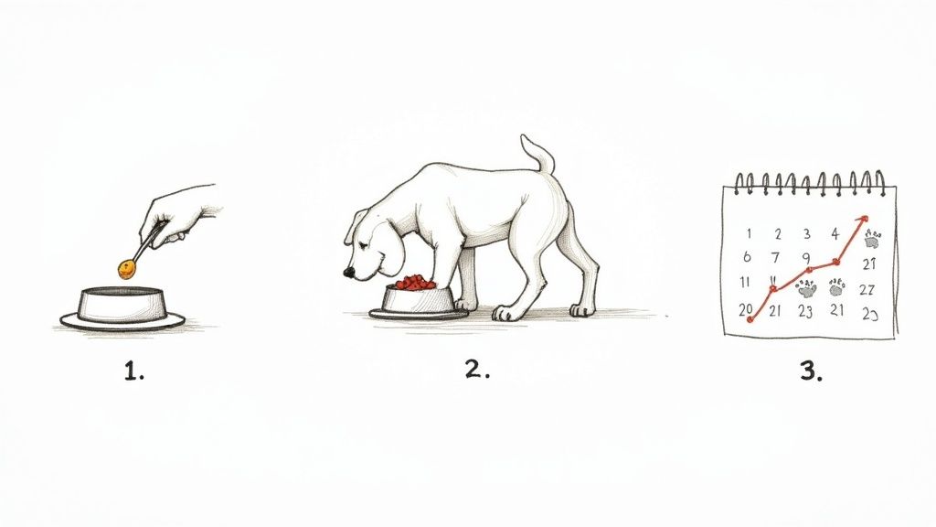 A dog owner carefully mixing a joint supplement into their dog's food bowl.