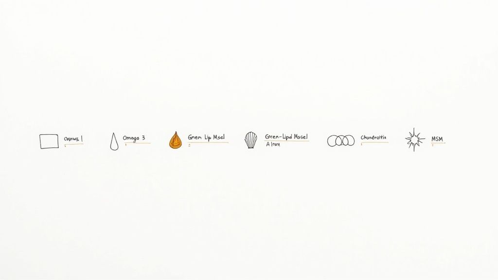 Line drawings illustrating various joint supplement ingredients including Omega 3, Green Lipped Mussel, Chondroitin, and MSM.