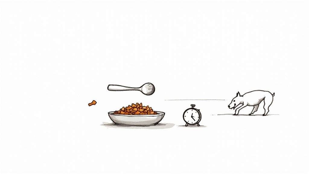 A cartoon dog eagerly approaches a bowl of kibble, with a spoon and alarm clock nearby.