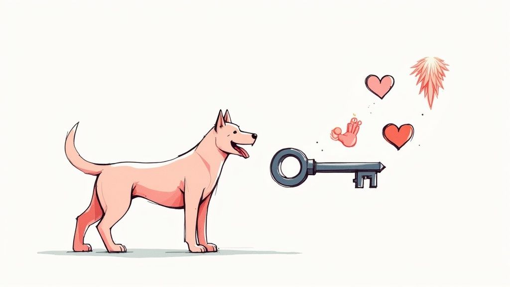 A light pink cartoon dog looks at a large gray key, with floating hearts, a hand, and a feather above it.