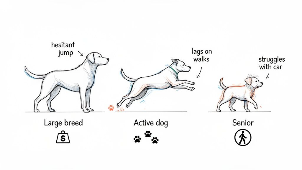 Illustrates dog joint health issues: hesitant jumping in large breeds, lagging walks in active dogs, and struggles with cars for seniors.