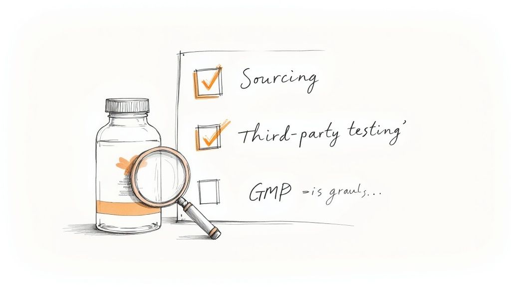 A product bottle and magnifying glass next to a checklist with 'Sourcing' and 'Third-party testing' checked, 'GMP' unchecked.