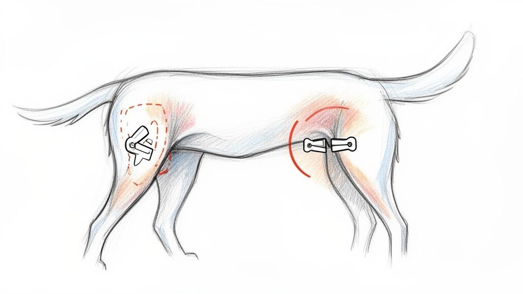 A sketch of a dog with outlined hip and leg areas, showing two mechanical joint concepts.